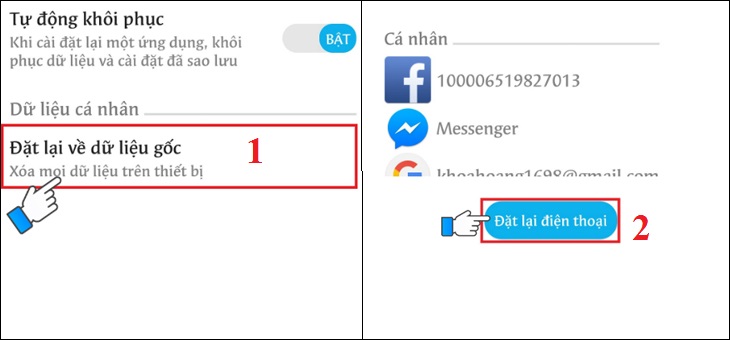 Chọn mục Đặt lại về dữ liệu gốc > chọn Đặt lại điện thoại để máy bắt đầu khôi phục cài đặt gốc.