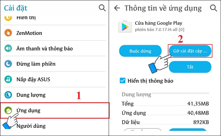 Vào phần Cài đặt trên điện thoại, chọn mục Ứng dụng > chọn Cửa hàng Google Play > chọn nút Gỡ cài đặt cập nhật.