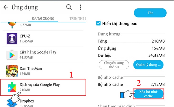 vào Cài đặt > chọn mục Ứng dụng > chọn Dịch vụ của Google Play > nhấn nút Xóa bộ nhớ cache.