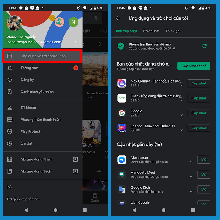 Mở ứng dụng CH Play > Chọn menu với 3 thanh ngang bên trái > Chọn ứng dụng và thông báo của tôi