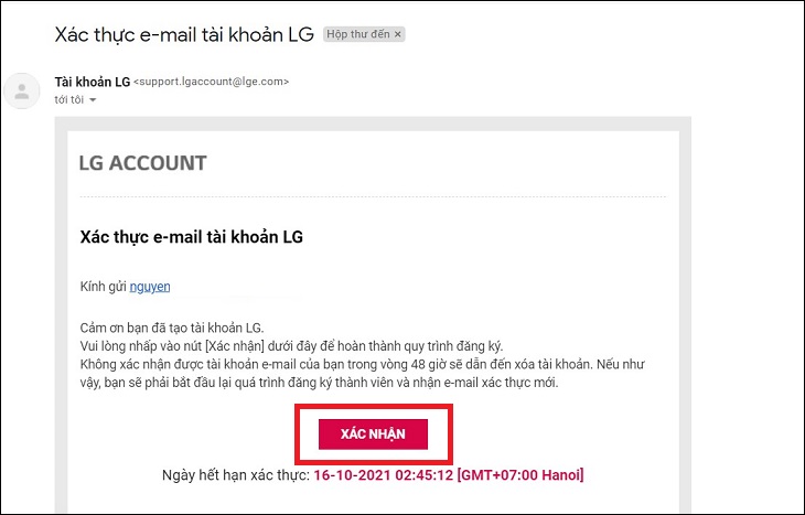 Kiểm tra email của LG gửi cho bạn > Nhấn Xác nhận.