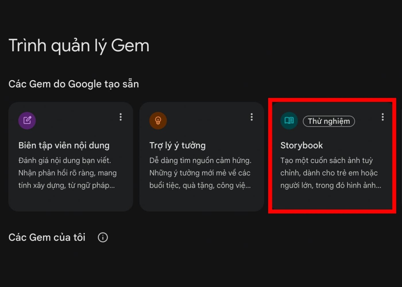Chọn Storybook trong mục Gem