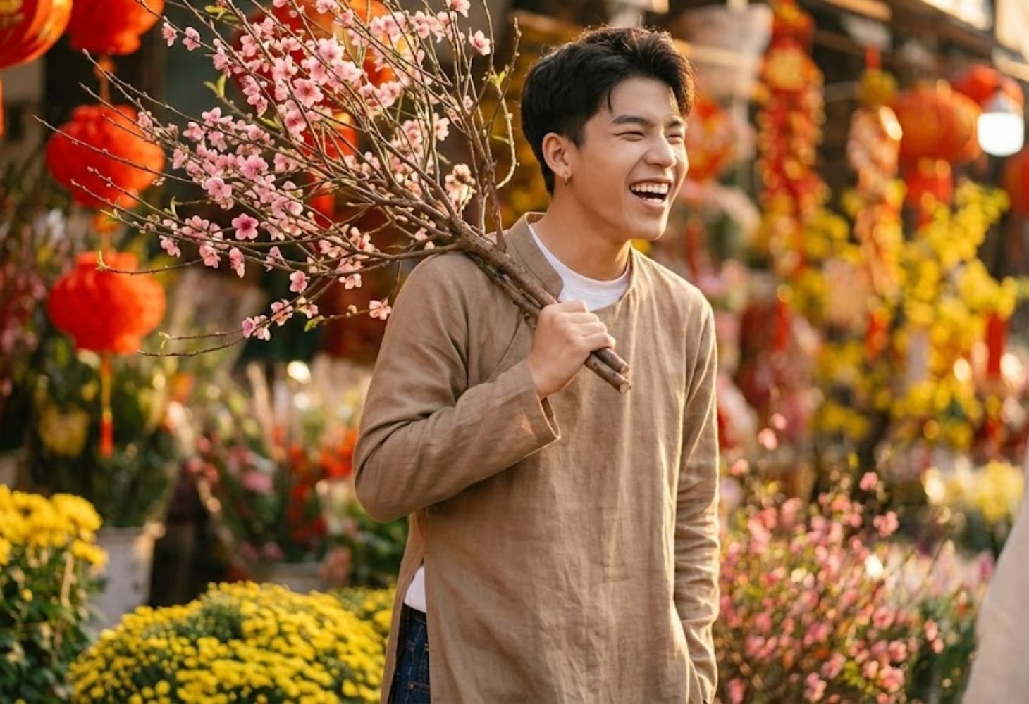 Chàng trai chụp ảnh Tết với nụ cười tươi, tự nhiên