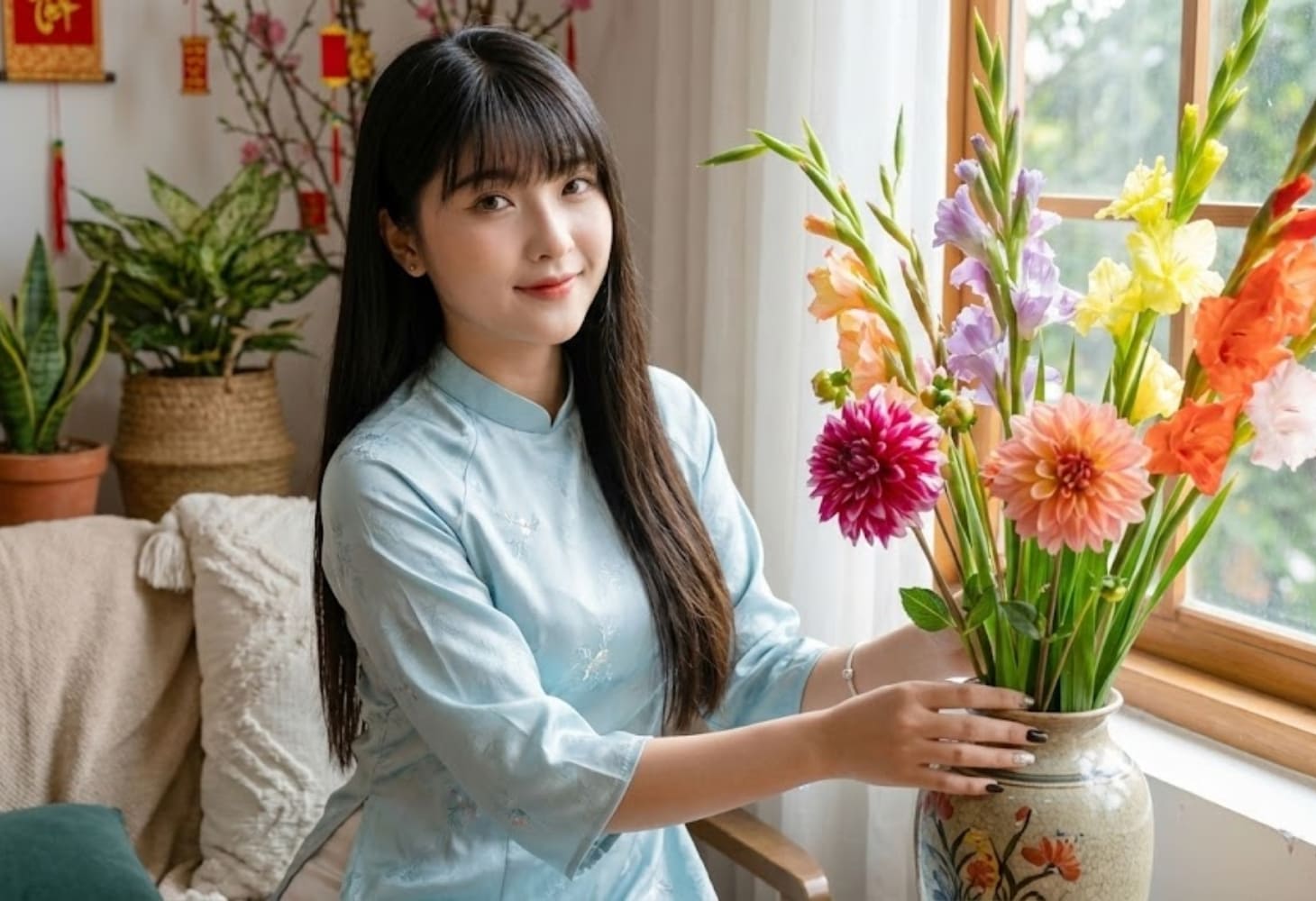 Cô gái trang trí hoa thược dược trong nhà ngày Tết