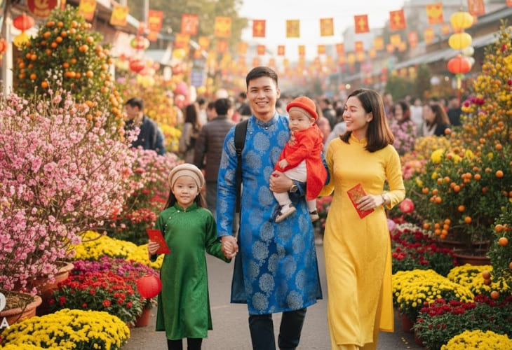 Gia đình cùng nhau dạo chợ xuân trong trang phục áo dài