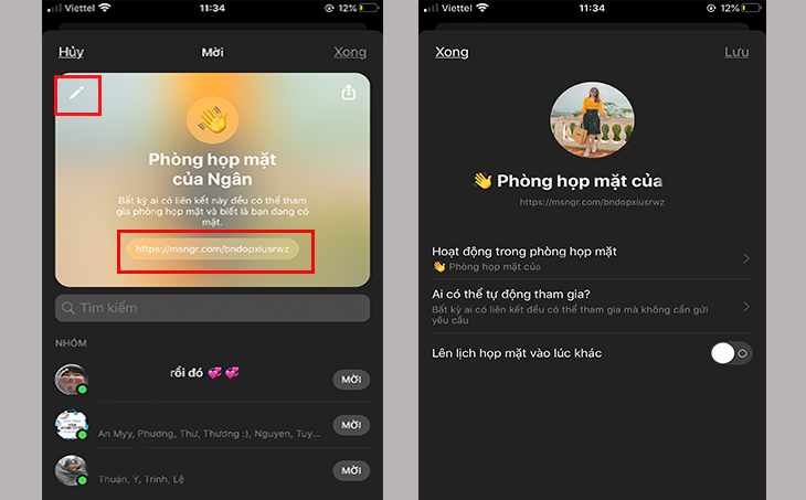 Chọn biểu tượng cây bút để thiết lập phòng họp