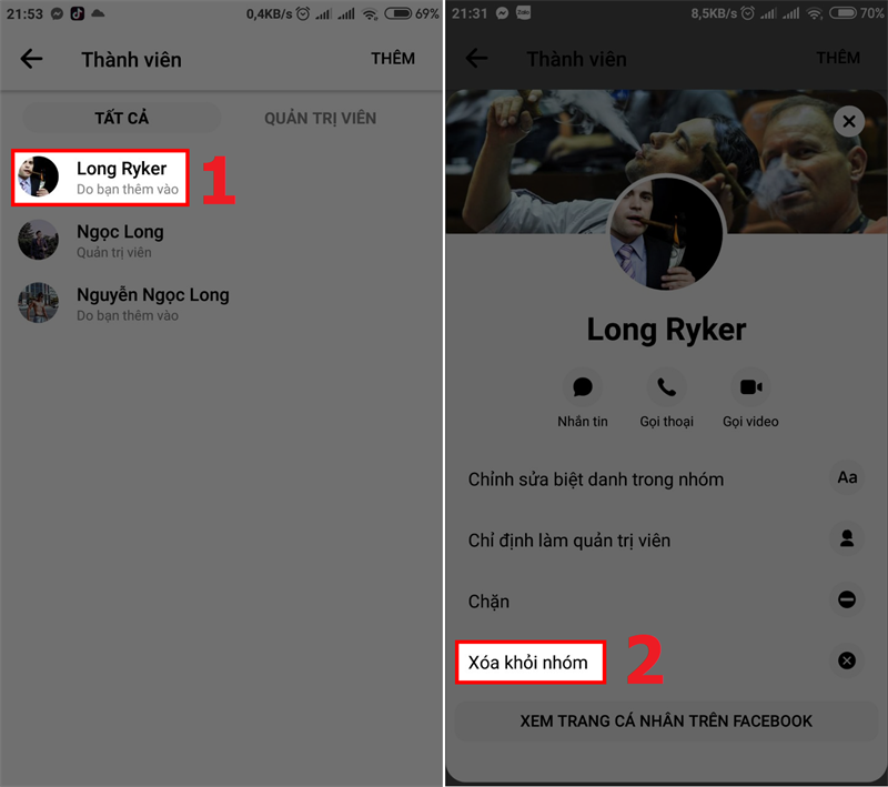 Bước 2: Chọn Tên thành viên nhóm > Chọn Xóa khỏi nhóm > Tương tự xóa tất cả các thành viên còn lại.