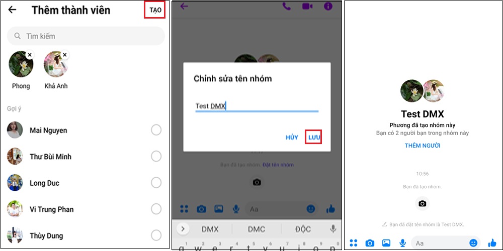 Bước 2: Chọn tài khoản muốn tạo nhóm > Chọn Tạo. Sau khi tạo group chat xong, đặt tên cho đoạn chat