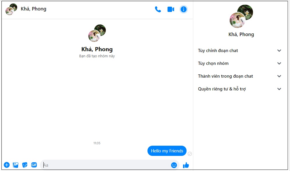 Bước 3: Gửi tin nhắn bất kì đến nhóm chat. Như vậy là đã hoàn thành việc tạo nhóm.