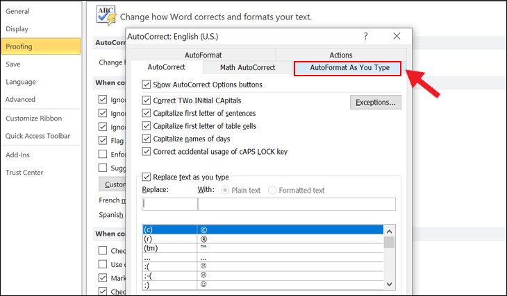 Chọn vào mục AutoFormat As You Type