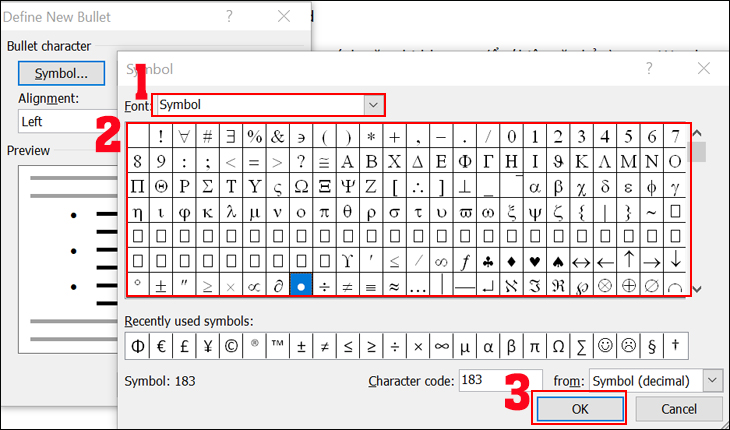 Symbols: Ký hiệu, tại đây, bạn chọn những ký hiệu mà mình muốn và nhấn OK là xong
