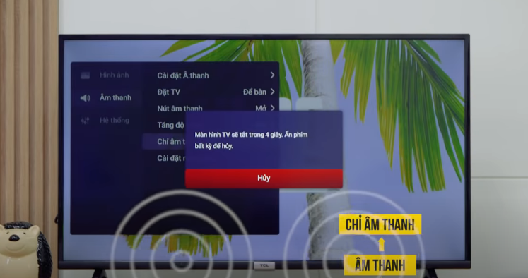 Bạn nhấn nút OK trên điều khiển thì màn hình sẽ xuất hiện ô màn hình tivi sẽ tắt trong vòng 5s.
