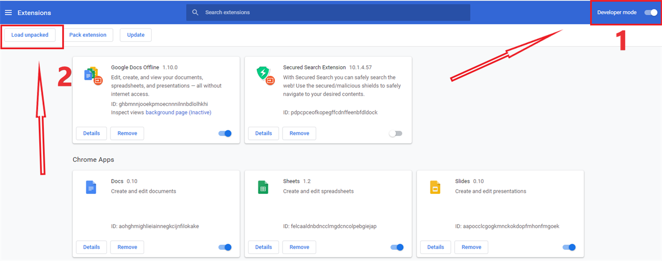 Bật tính năng Developer mode (chế độ cho nhà phát triển) và chọn tải lên công cụ MonokaiToolkit