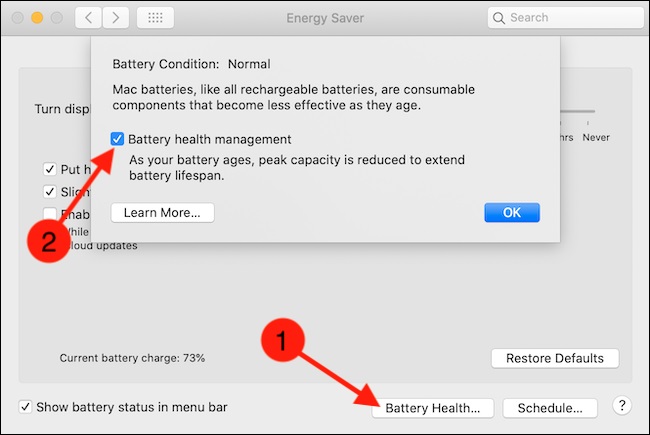 bỏ chọn tùy chọn Battery Health Management
