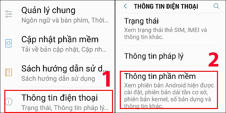 Cài đặt > Thông tin điện thoại > Chọn Thông tin phầm mềm.