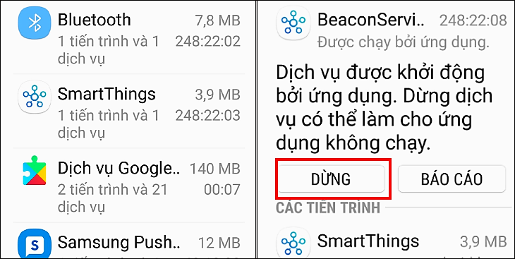 Chọn ứng dụng cần đóng và nhấn nút Dừng để tắt ứng dụng đó đi.