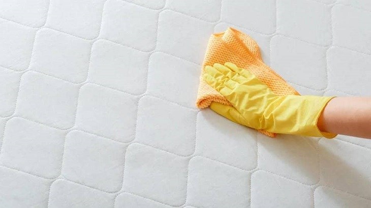 Dùng khăn ẩm lau chỗ vết bẩn trên nệm sau khi đã được làm sạch