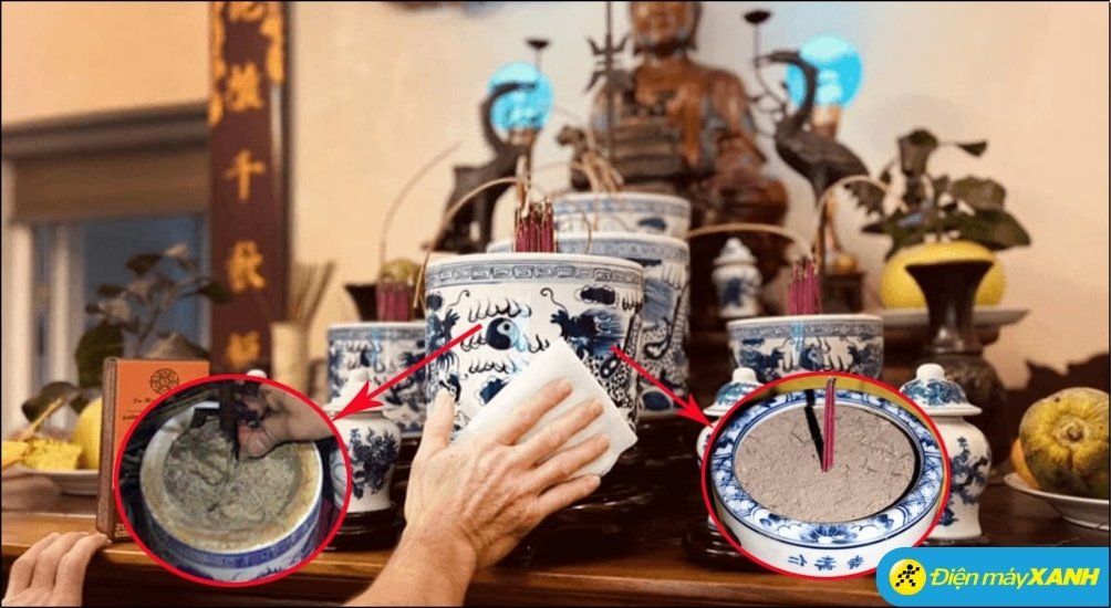Thay tro bát hương giúp bàn thờ luôn sạch sẽ thông thoáng, loại bỏ bụi bẩn, ẩm mốc ngăn ngừa côn trùng sinh sôi