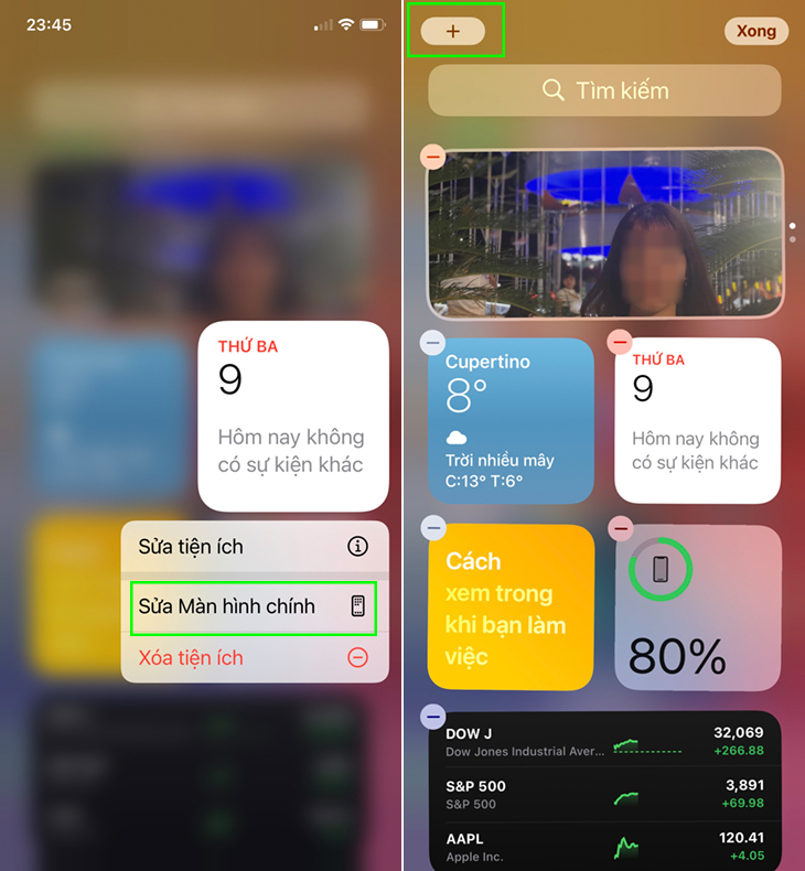 Thêm Widgets từ Chế độ xem hôm nay
