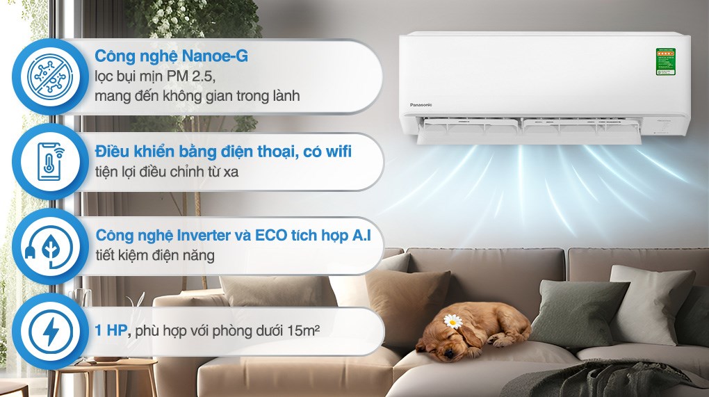 Máy lạnh Panasonic Inverter 1 HP CU/CS-PU9AKH-8 phù hợp phòng có diện tích dưới 15m²
