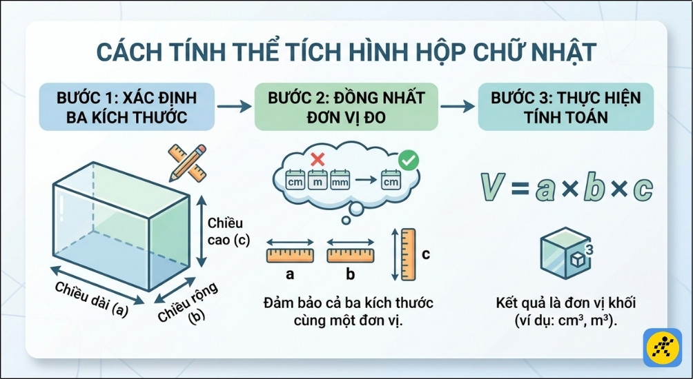 Các bước tính thể tích hình hộp chữ nhật đơn giản