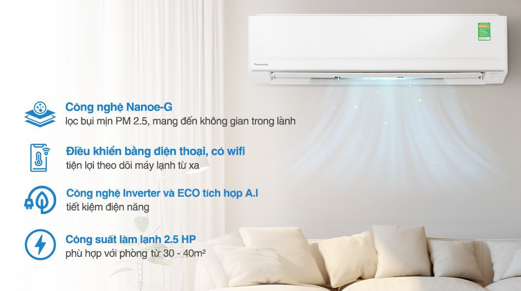 Máy lạnh Panasonic Inverter 2.5 HP CU/CS-PU24AKH-8 tiêu thụ khoảng 1.604.843 VNĐ trong 1 tháng