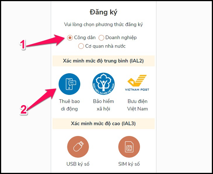 Chọn phương thức đăng ký