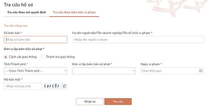 Điền các thông tin tra cứu quyết định xử phạt được yêu cầu, rồi chọn nút Tra cứu