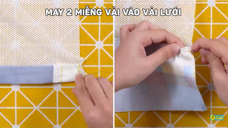 May 2 miếng vải viền và đáy túi vào phần vải lưới