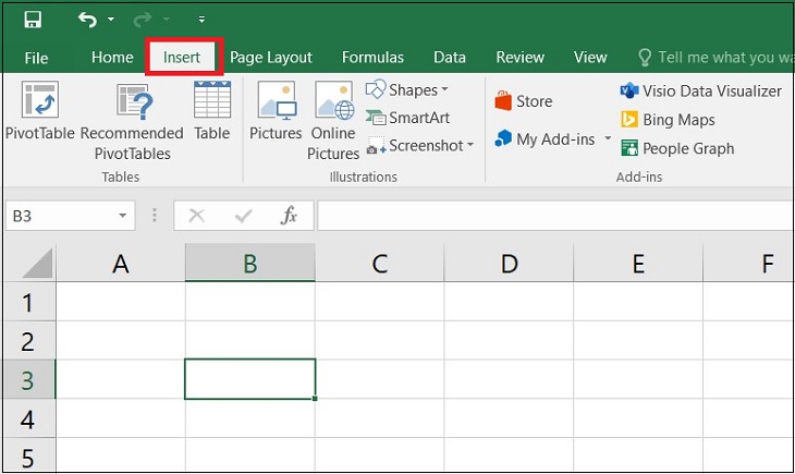 Mở Excel > Chọn Insert.