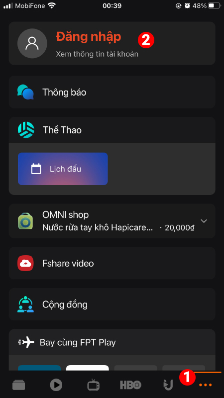 Chọn biểu tượng ba chấm ở bên dưới và chọn Đăng nhập