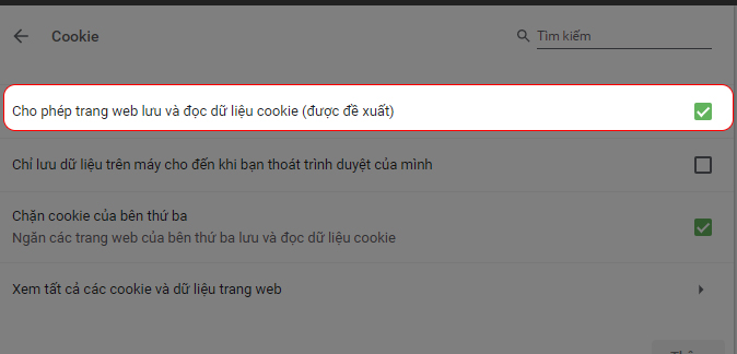 Bật tắt Cookie
