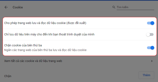 Bật tắt cookies