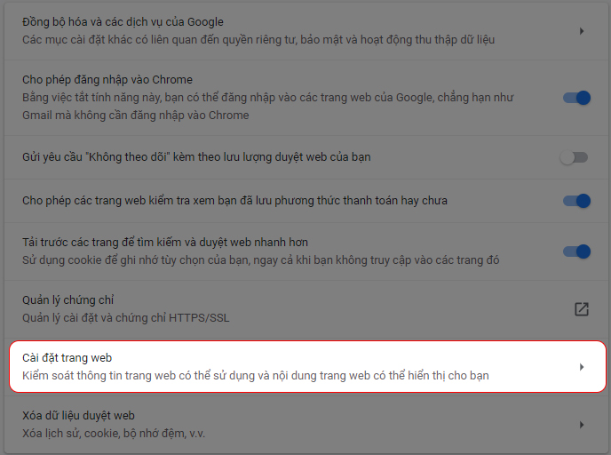 Chọn vào Cài đặt trang web > Cookie
