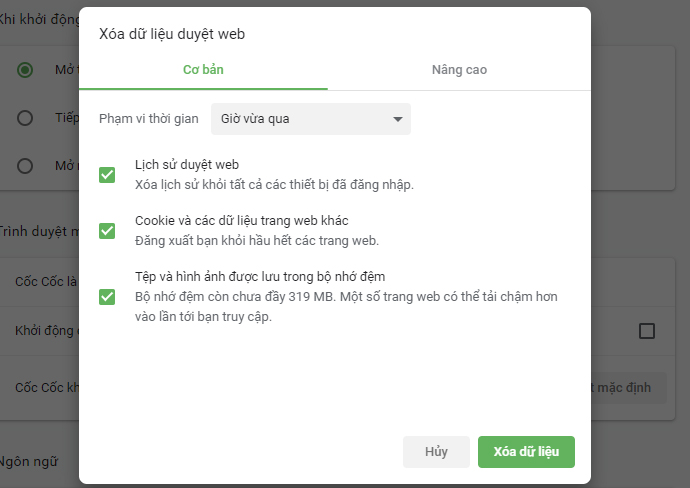 Chọn xóa Cookie và các dữ liệu trang web khác