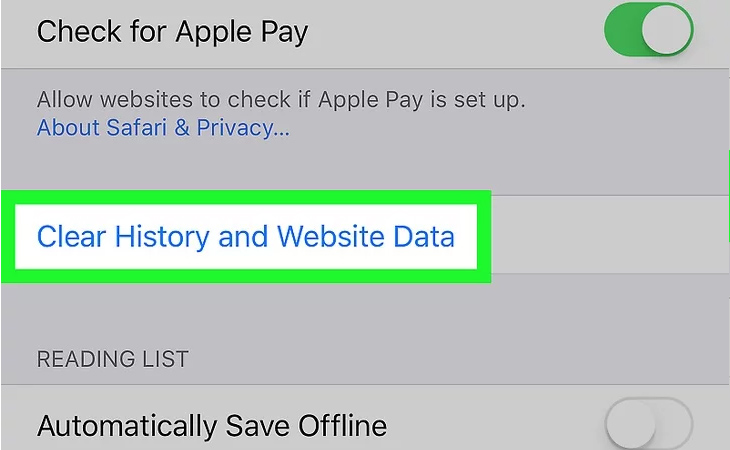 Chọn Clear History and Website Data.