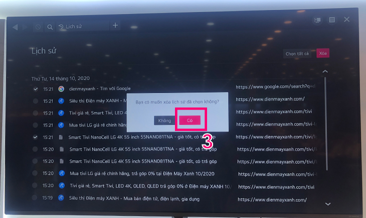 Các xóa lịch sử trình duyệt web trên tivi LG