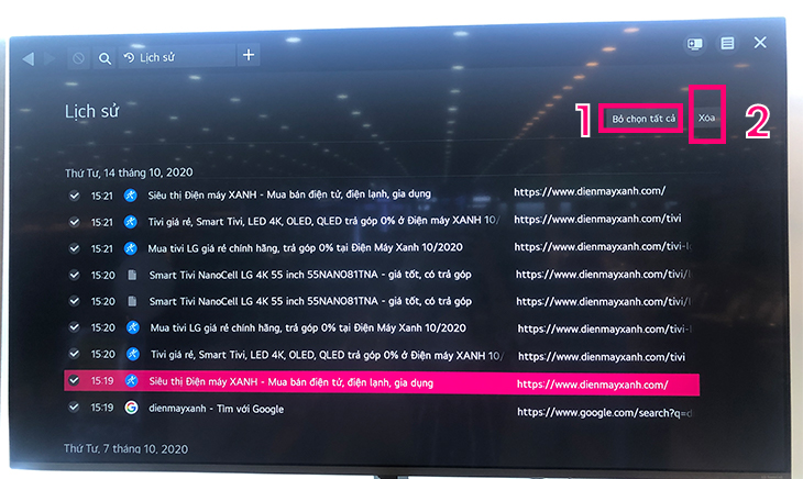 Các xóa lịch sử trình duyệt web trên tivi LG