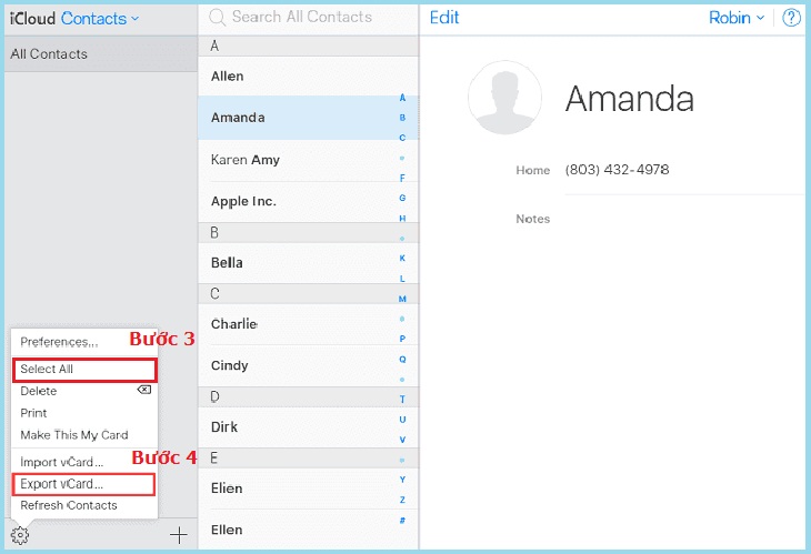chọn tất cả và Export vCard