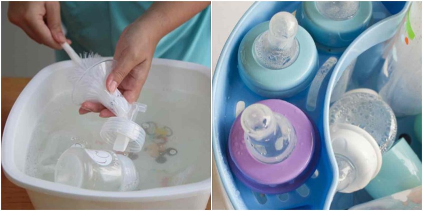 Mẹ cần rửa sạch các bộ phận của máy hút sữa bằng tay để hạn chế tình trạng trào ngược sữa