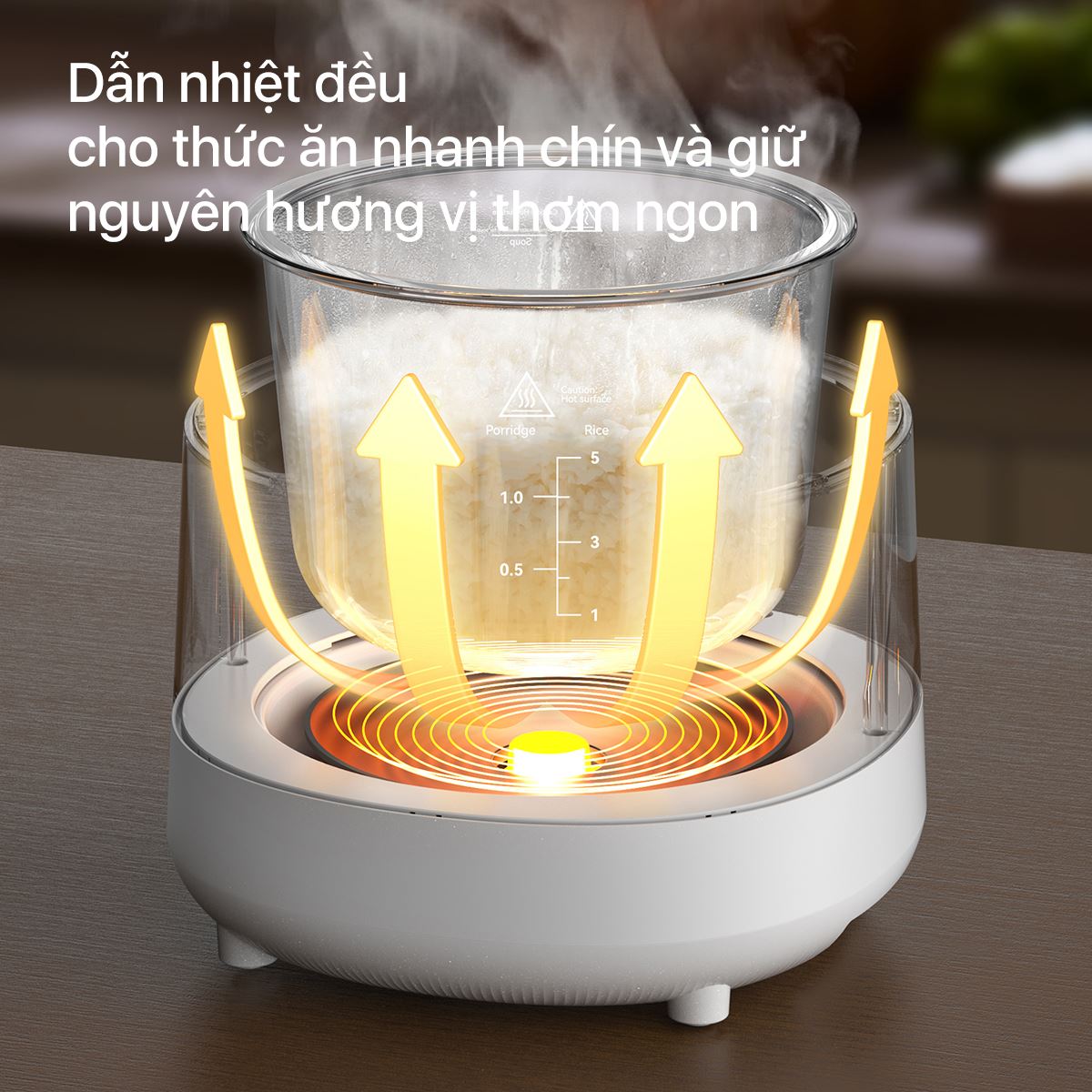 Nồi cơm điện tử Deerma FB15W với công suất 600W và sử dụng công nghệ nấu bằng mâm nhiệt, giúp gia nhiệt nhanh chóng và lan tỏa nhiệt đều