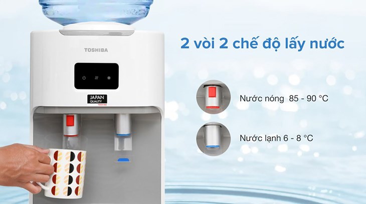 Với 2 vòi nước riêng biệt, cây nước nóng lạnh Toshiba RWF-W1664TV(W1) 670W giúp người dùng có ngay loại nước ưng ý khi cần