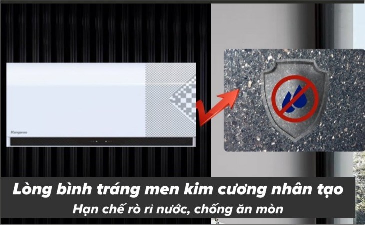 Máy nước nóng gián tiếp Kangaroo 15 lít 2500W KG79A1 được tráng thêm lớp men kim cương nhân tạo giúp tăng tuổi thọ của thiết bị