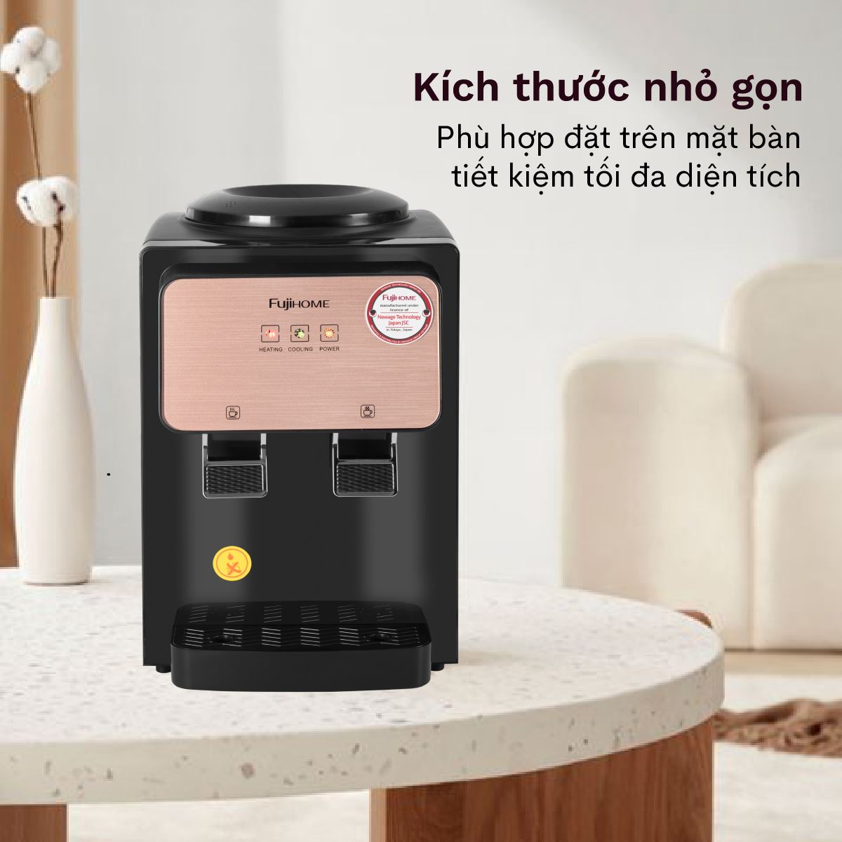 Cây nước nóng lạnh FUJIHOME WD03E 565W là dòng sản phẩm để bàn nhỏ gọn và tiện lợi của FUJIHOME