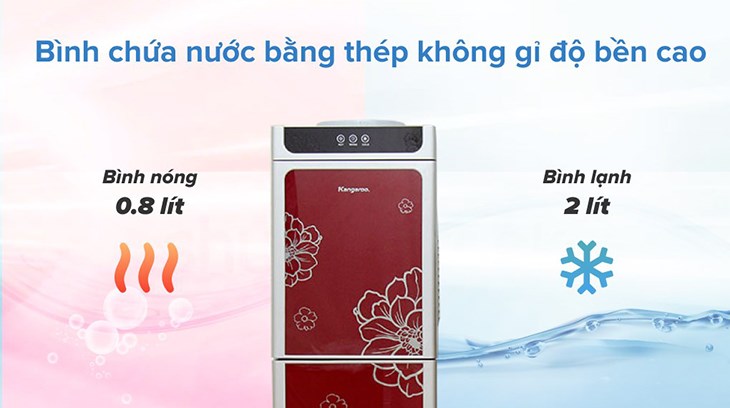 Cây nước nóng lạnh Kangaroo KG40N 600W sở hữu bình chứa nước nóng 0.8 lít và bình đựng nước lạnh 2 lít, giúp người dùng thoải mái sử dụng