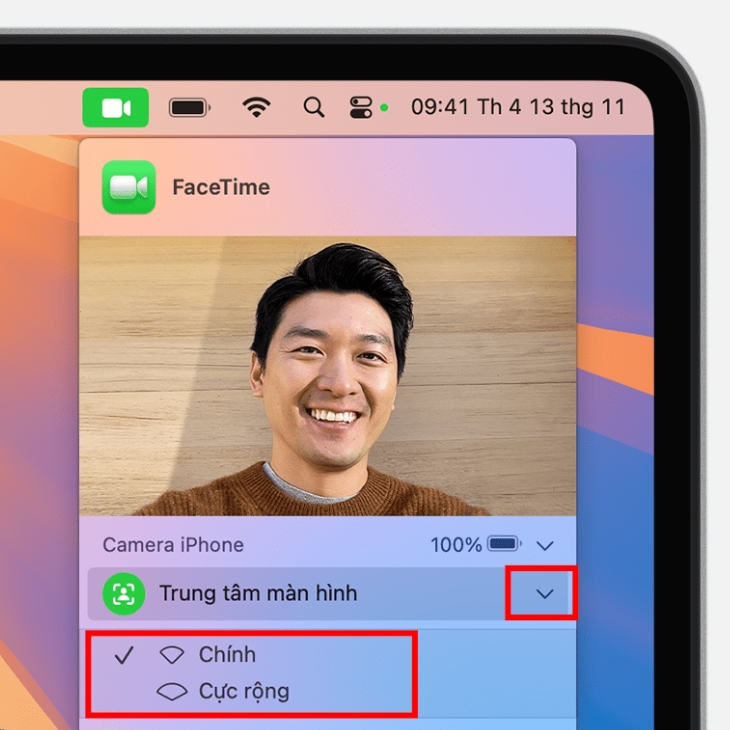 Bạn có thể chọn camera chính hoặc camera góc rộng khi dùng Center Stage