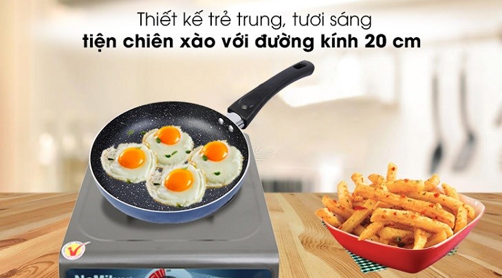 Chảo nhôm chống dính vân đá 20 cm Delites CE003-20 màu xanh lam tươi sáng, gọn nhẹ với đường kính 20cm, khối lượng chỉ 0.335 kg