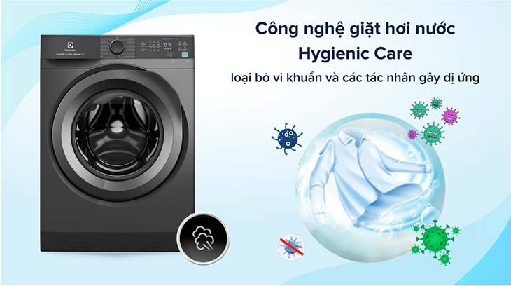 Máy giặt Electrolux Inverter 10 kg EWF1024M3SB trang bị công nghệ giặt nước nóng và hơi nước Hygienic Care giúp làm sạch vết bẩn, loại bỏ vi khuẩn và các tác nhân gây dị ứng