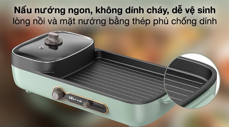 Bếp lẩu nướng đa năng Bear DKL-C15G1 có lòng nồi và mặt nướng bằng thép phủ lớp chống dính bền bỉ, nấu nướng ngon, không dính cháy và an toàn
