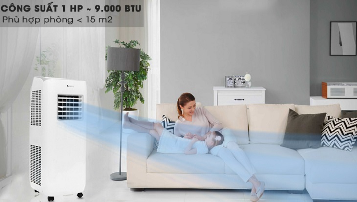 Máy điều hòa di động thường trang bị công suất 1 HP phù hợp diện tích căn phòng dưới 15m2
